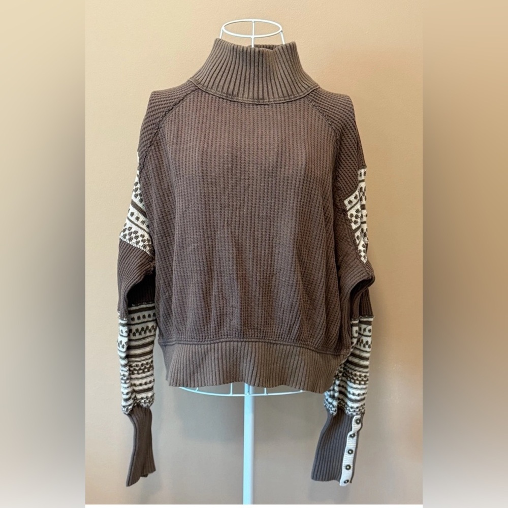 We The Free Brown Turtleneck Sweater with Patterned Sleeves